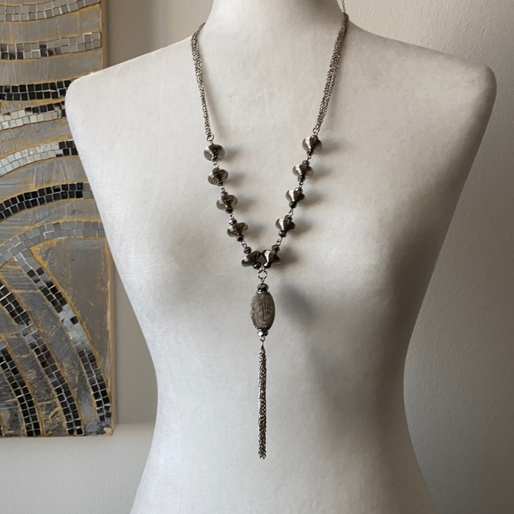 Art Deco Long Silver Tone Drop Necklace